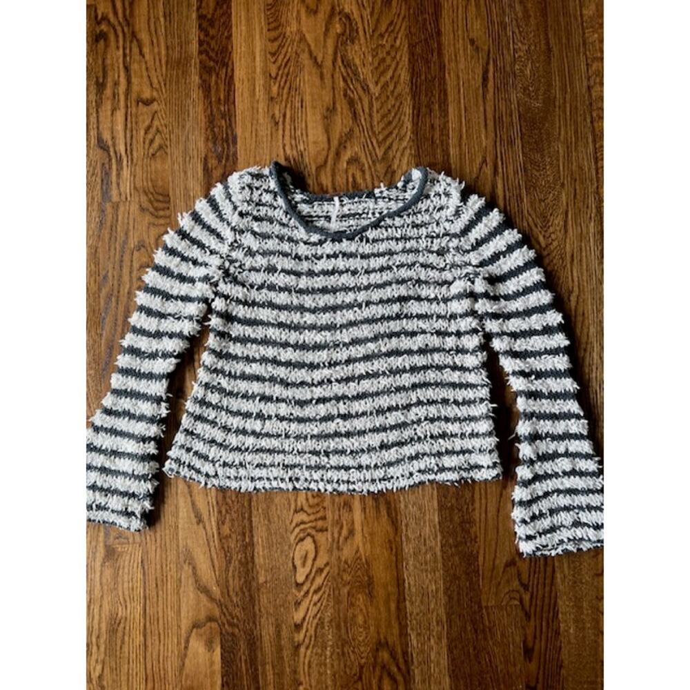 Free People Downy Pullover Shag Sweater Womens S Gray Cream Striped Bell Sleeve